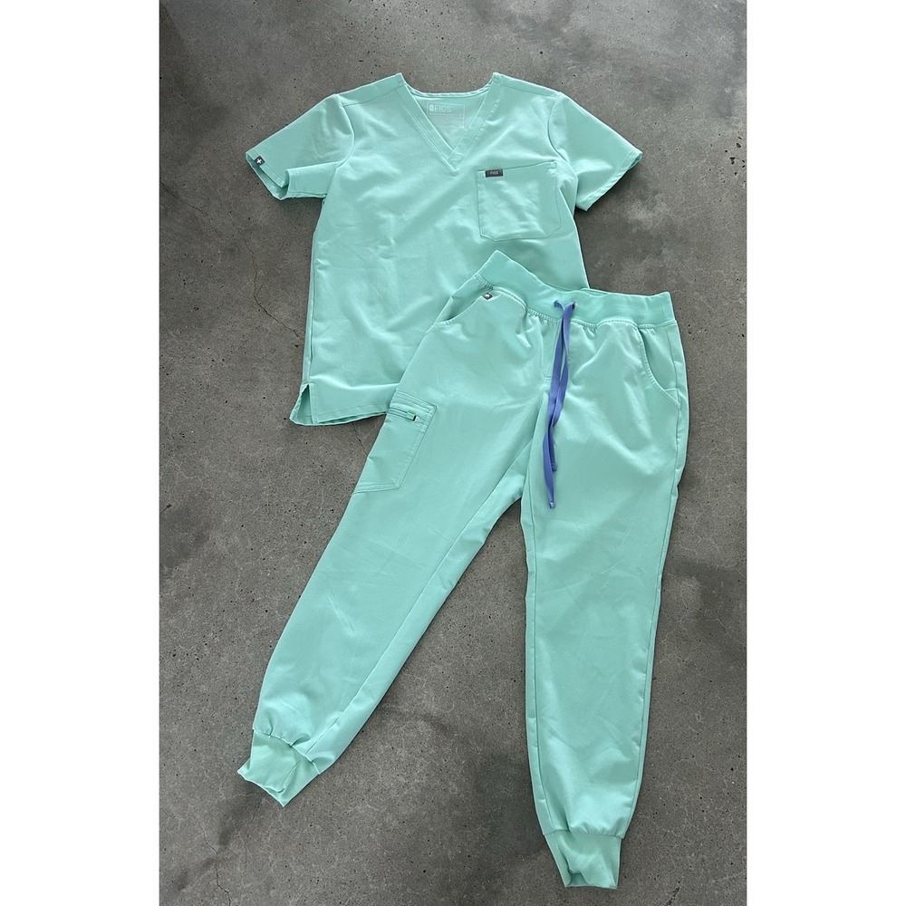 Figs Womens Zamora Jogger Scrub Pants XS Petite & Catarina Top S Mariner Mint